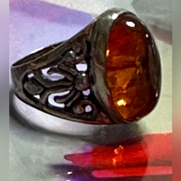 ZIV Amber Ring Sterling silver filigree cabochon Bezel set oval signed 6 5505 YA - Picture 11 of 15